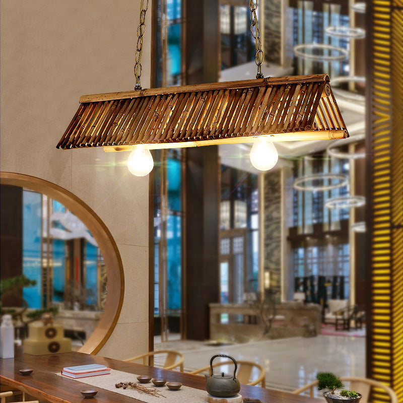 Triangular Island Light Chinese Bamboo 2 Heads Brown Pendant Lighting Fixture for Tearoom Clearhalo 'Ceiling Lights' 'Island Lights' Lighting' 369853