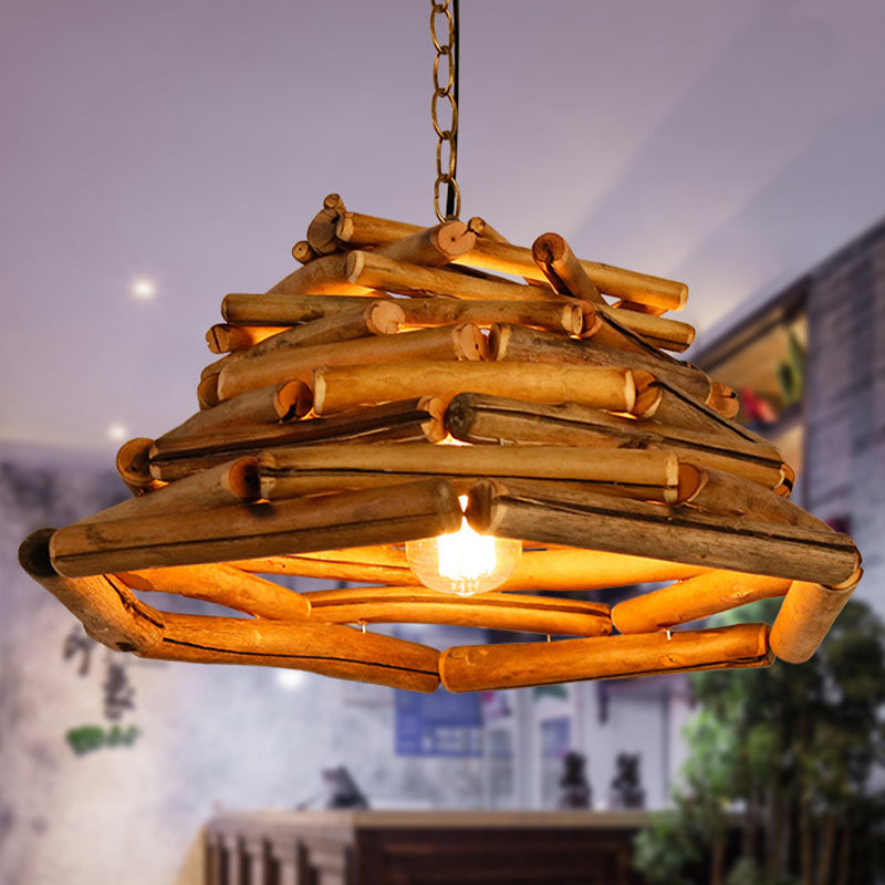 Japanese 1 Head Down Lighting Brown Flared Hanging Pendant Light with Wood Shade Clearhalo 'Ceiling Lights' 'Pendant Lights' 'Pendants' Lighting' 369857