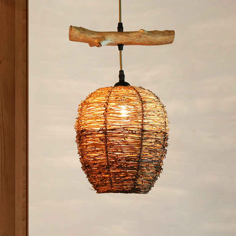1 Head Restaurant Pendant Lamp Asia Flaxen Hanging Ceiling Light with Urn Rattan Shade Clearhalo 'Ceiling Lights' 'Pendant Lights' 'Pendants' Lighting' 369861