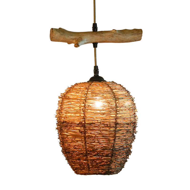1 Head Restaurant Pendant Lamp Asia Flaxen Hanging Ceiling Light with Urn Rattan Shade Clearhalo 'Ceiling Lights' 'Pendant Lights' 'Pendants' Lighting' 369863