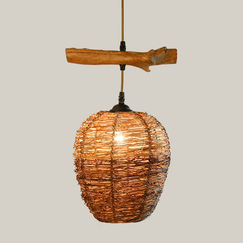 1 Head Restaurant Pendant Lamp Asia Flaxen Hanging Ceiling Light with Urn Rattan Shade Clearhalo 'Ceiling Lights' 'Pendant Lights' 'Pendants' Lighting' 369864