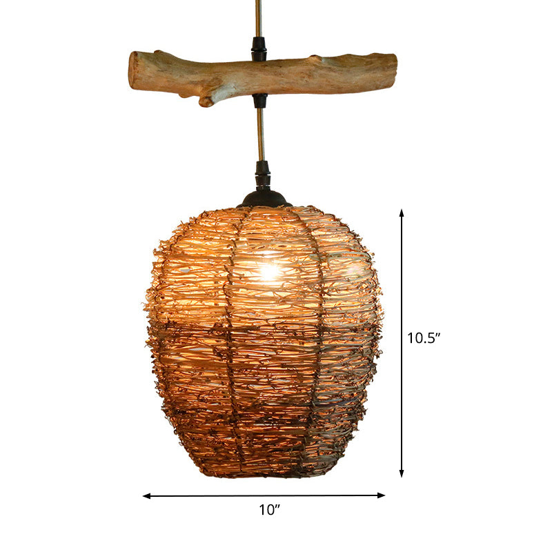 1 Head Restaurant Pendant Lamp Asia Flaxen Hanging Ceiling Light with Urn Rattan Shade Clearhalo 'Ceiling Lights' 'Pendant Lights' 'Pendants' Lighting' 369865