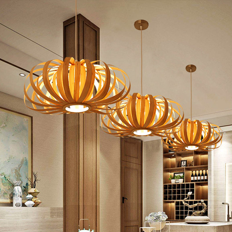 Beige Pumpkin Hanging Light Chinese 1 Head Wood Pendant Lighting Fixture for Restaurant Clearhalo 'Ceiling Lights' 'Pendant Lights' 'Pendants' Lighting' 369918