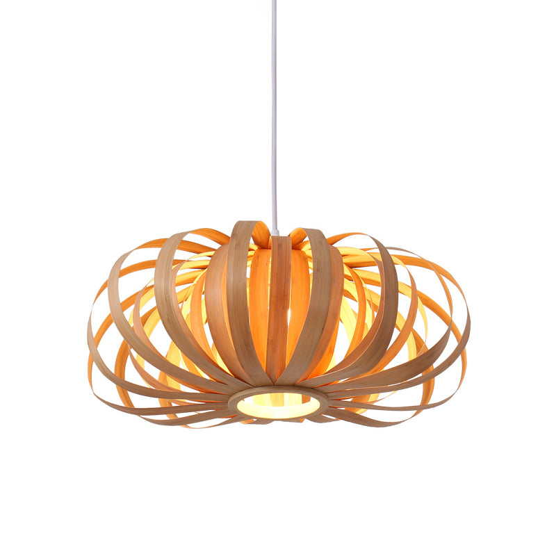 Beige Pumpkin Hanging Light Chinese 1 Head Wood Pendant Lighting Fixture for Restaurant Clearhalo 'Ceiling Lights' 'Pendant Lights' 'Pendants' Lighting' 369919