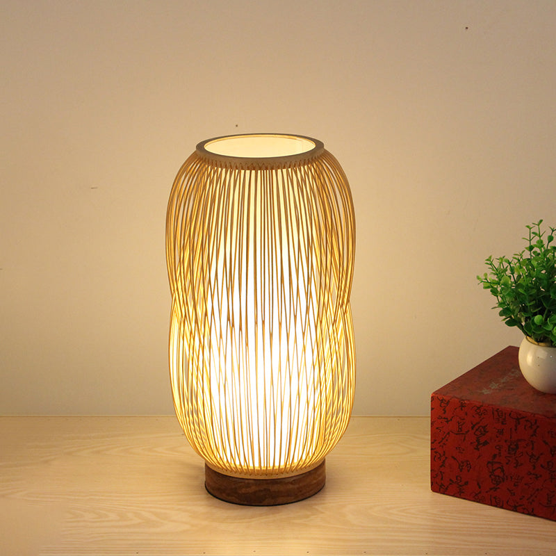 Cylinder Desk Light Chinese Bamboo 1 Bulb Task Lighting in Wood with Circular Wood Base Clearhalo 'Lamps' 'Table Lamps' Lighting' 369933