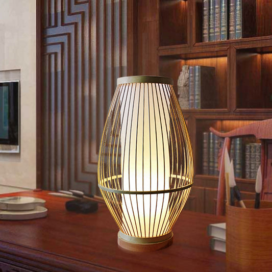 1 Bulb Dining Room Desk Lamp Asian Beige Task Lighting with Lantern Bamboo Shade Beige Clearhalo 'Lamps' 'Table Lamps' Lighting' 369936