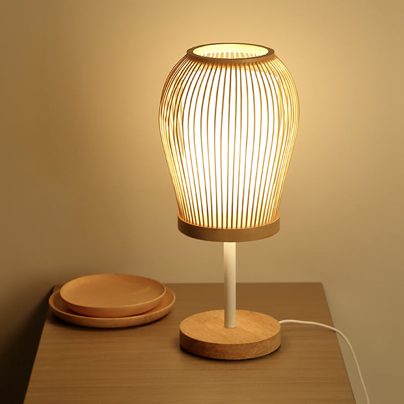 Japanese 1 Head Task Lighting Beige Curved Desk Lamp with Bamboo Shade for Bedside Beige Clearhalo 'Lamps' 'Table Lamps' Lighting' 369956