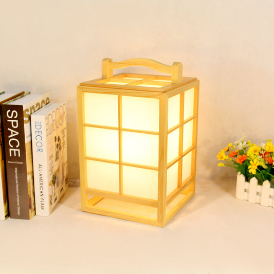 Japanese Rectangular Small Desk Lamp Wood 1 Bulb Task Lighting in Beige with Handle Wood Clearhalo 'Lamps' 'Table Lamps' Lighting' 369966