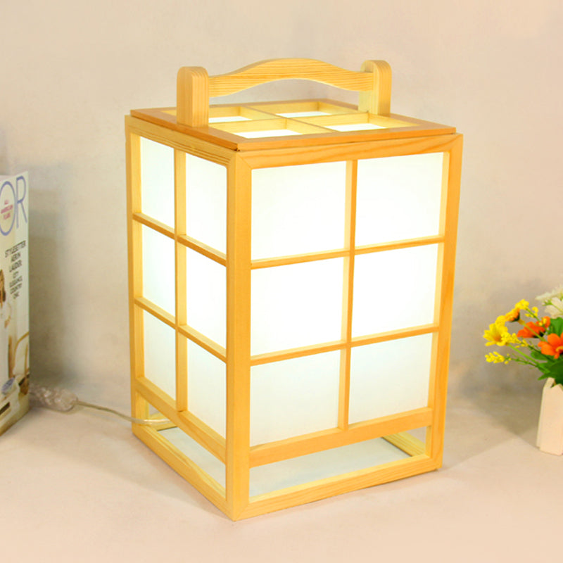 Japanese Rectangular Small Desk Lamp Wood 1 Bulb Task Lighting in Beige with Handle Clearhalo 'Lamps' 'Table Lamps' Lighting' 369967