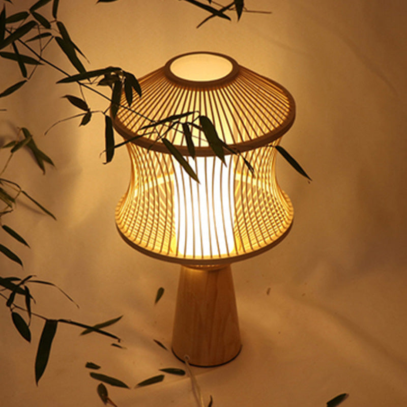 Conical Task Lamp Japanese Wood 1 Head Beige Desk Light with Basket Bamboo Shade Clearhalo 'Lamps' 'Table Lamps' Lighting' 370002