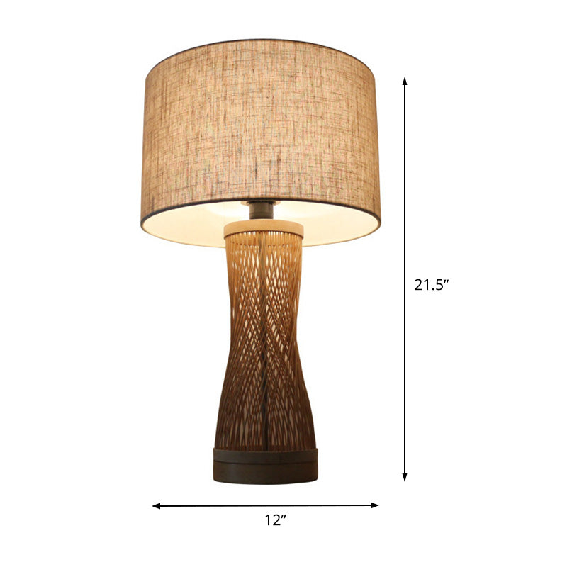 Flaxen Laser Cut Task Light Asian 1 Bulb Bamboo Small Desk Lamp with Drum Fabric Shade Clearhalo 'Lamps' 'Table Lamps' Lighting' 370010