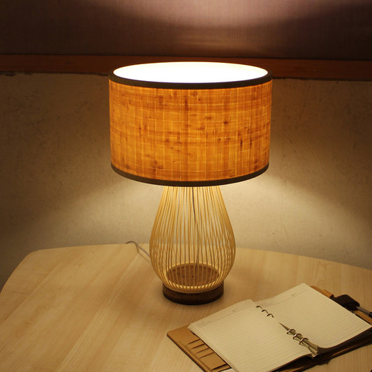 Bamboo Droplet Desk Light Chinese 1 Head Task Lighting in Beige with Cylinder Fabric Shade Beige Clearhalo 'Lamps' 'Table Lamps' Lighting' 370011