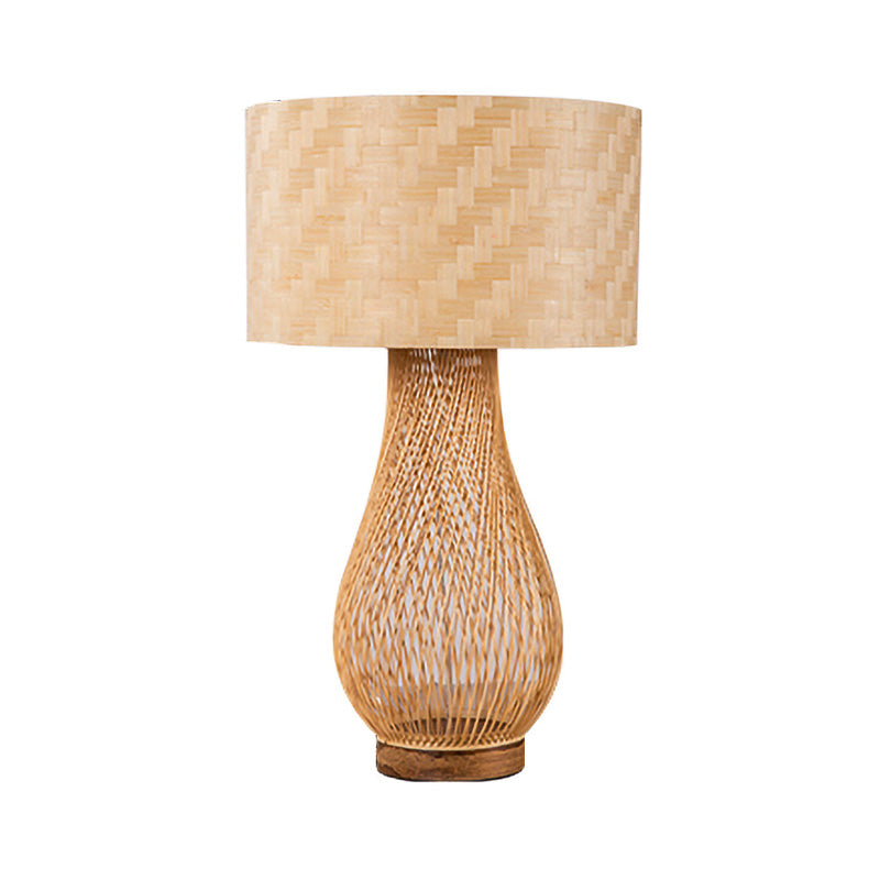 Bamboo Droplet Desk Light Chinese 1 Head Task Lighting in Beige with Cylinder Fabric Shade Clearhalo 'Lamps' 'Table Lamps' Lighting' 370014