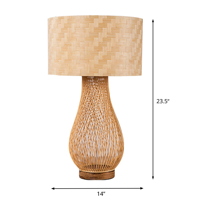 Bamboo Droplet Desk Light Chinese 1 Head Task Lighting in Beige with Cylinder Fabric Shade Clearhalo 'Lamps' 'Table Lamps' Lighting' 370015