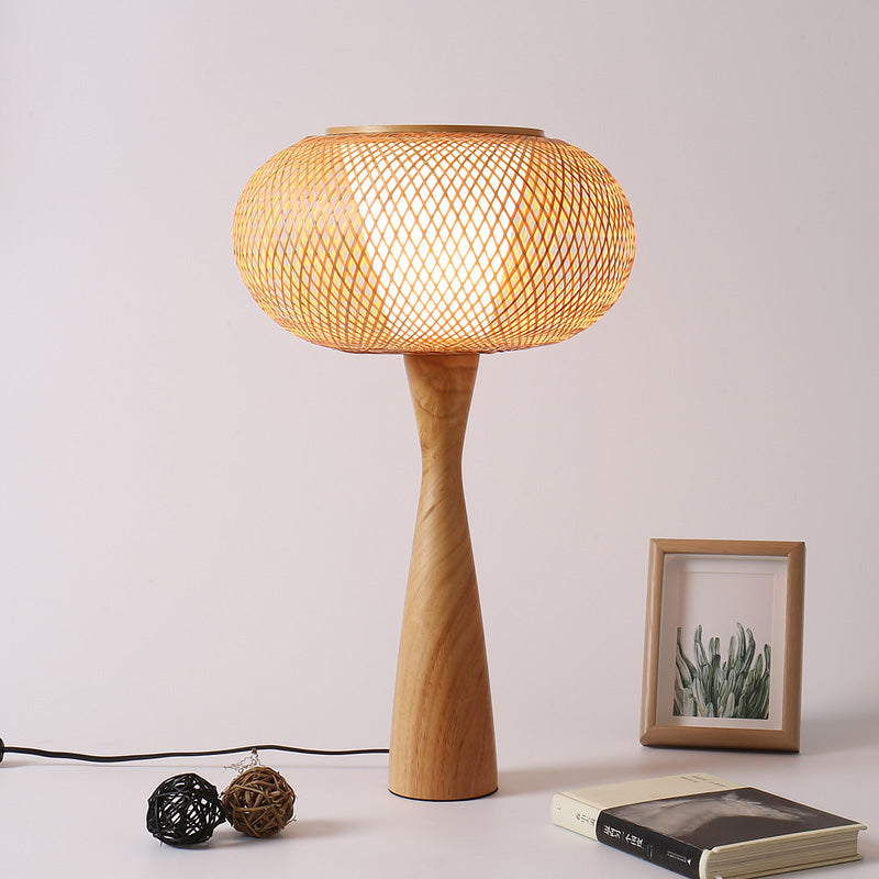 1 Head Handcrafted Task Lighting Aian Bamboo Desk Lamp in Beige with Flared Wood Base Wood Clearhalo 'Lamps' 'Table Lamps' Lighting' 370016