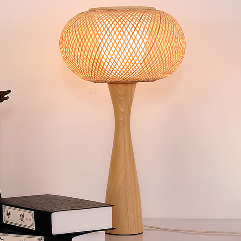 1 Head Handcrafted Task Lighting Aian Bamboo Desk Lamp in Beige with Flared Wood Base Clearhalo 'Lamps' 'Table Lamps' Lighting' 370017