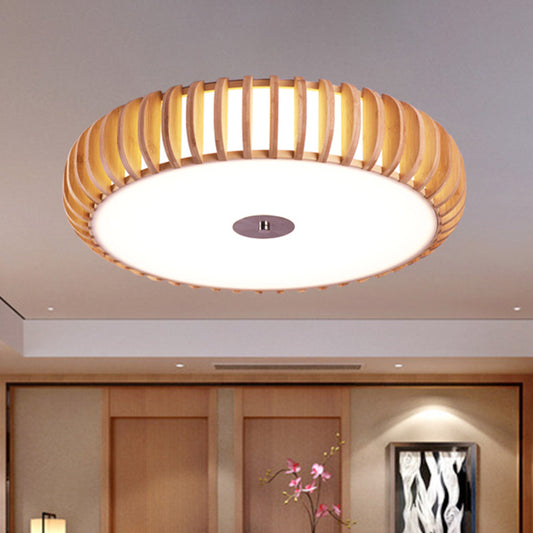 Round Flush Mount Japanese Wood 3 Heads Close to Ceiling Lamp in Beige for Living Room Wood Clearhalo 'Ceiling Lights' 'Close To Ceiling Lights' 'Close to ceiling' 'Flush mount' Lighting' 370026