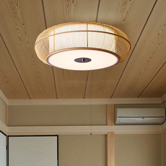 Chinese LED Flushmount Beige Rounded Drum Close to Ceiling Lighting with Bamboo Shade Beige Clearhalo 'Ceiling Lights' 'Close To Ceiling Lights' 'Close to ceiling' 'Flush mount' Lighting' 370036