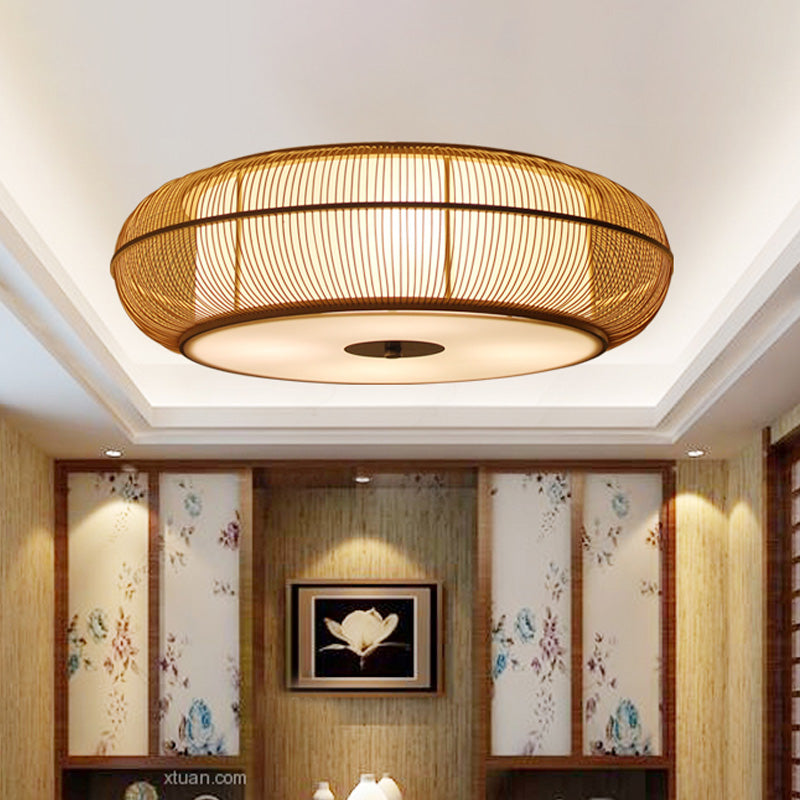 Chinese LED Flushmount Beige Rounded Drum Close to Ceiling Lighting with Bamboo Shade Clearhalo 'Ceiling Lights' 'Close To Ceiling Lights' 'Close to ceiling' 'Flush mount' Lighting' 370037