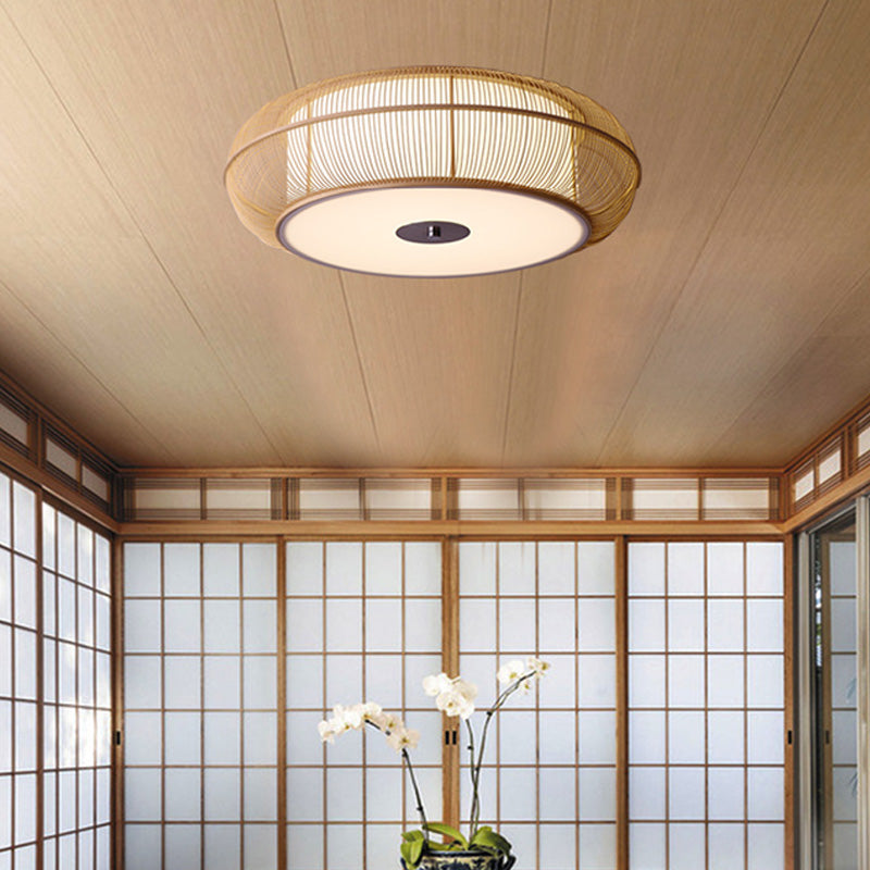 Chinese LED Flushmount Beige Rounded Drum Close to Ceiling Lighting with Bamboo Shade Clearhalo 'Ceiling Lights' 'Close To Ceiling Lights' 'Close to ceiling' 'Flush mount' Lighting' 370038