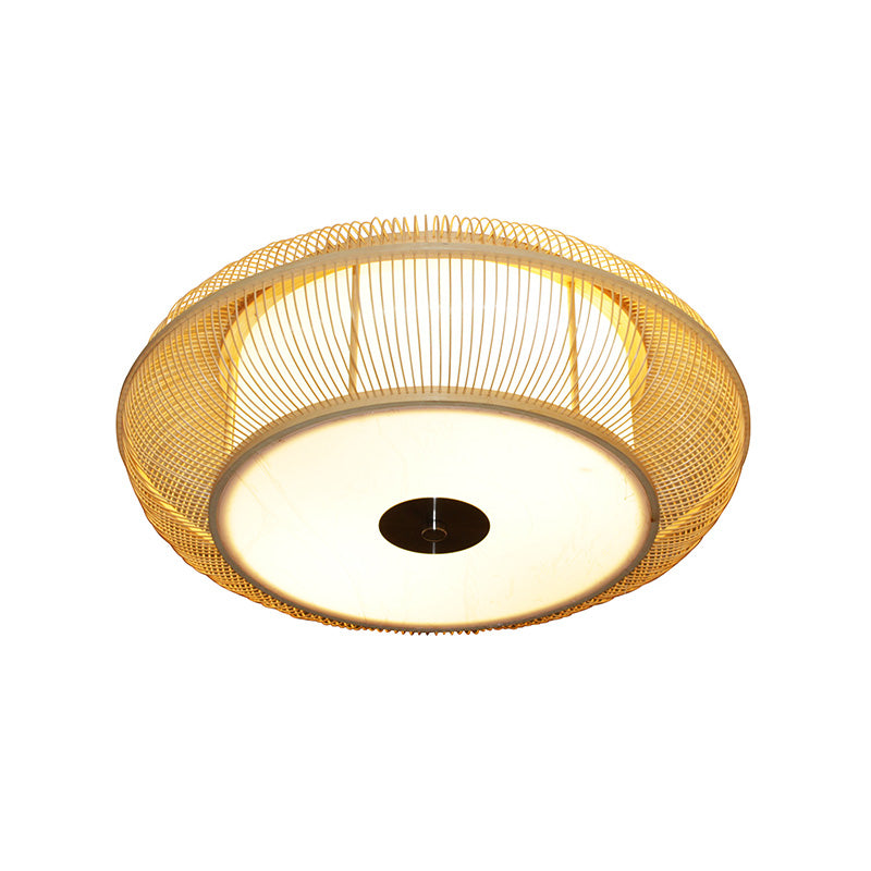 Chinese LED Flushmount Beige Rounded Drum Close to Ceiling Lighting with Bamboo Shade Clearhalo 'Ceiling Lights' 'Close To Ceiling Lights' 'Close to ceiling' 'Flush mount' Lighting' 370039