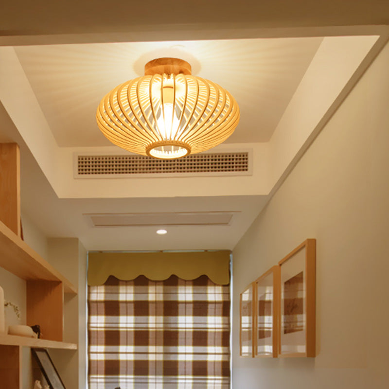 Wood Laser Cut Semi Flush Mount Japanese 1 Bulb Close to Ceiling Lighting in Beige Beige Clearhalo 'Ceiling Lights' 'Close To Ceiling Lights' 'Close to ceiling' 'Semi-flushmount' Lighting' 370061