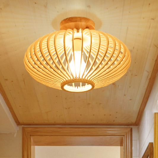 Wood Laser Cut Semi Flush Mount Japanese 1 Bulb Close to Ceiling Lighting in Beige Clearhalo 'Ceiling Lights' 'Close To Ceiling Lights' 'Close to ceiling' 'Semi-flushmount' Lighting' 370062