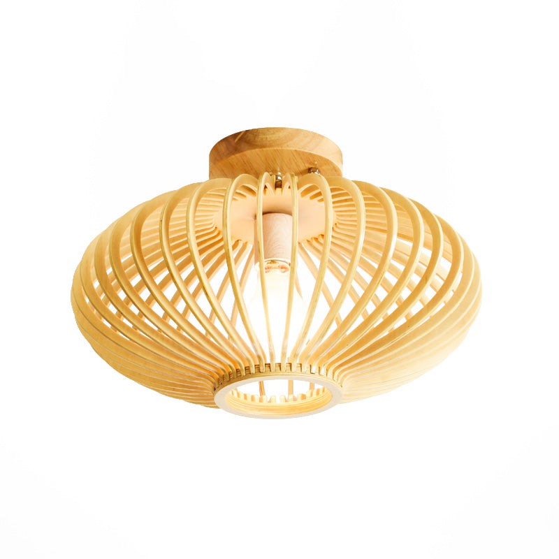 Wood Laser Cut Semi Flush Mount Japanese 1 Bulb Close to Ceiling Lighting in Beige Clearhalo 'Ceiling Lights' 'Close To Ceiling Lights' 'Close to ceiling' 'Semi-flushmount' Lighting' 370063