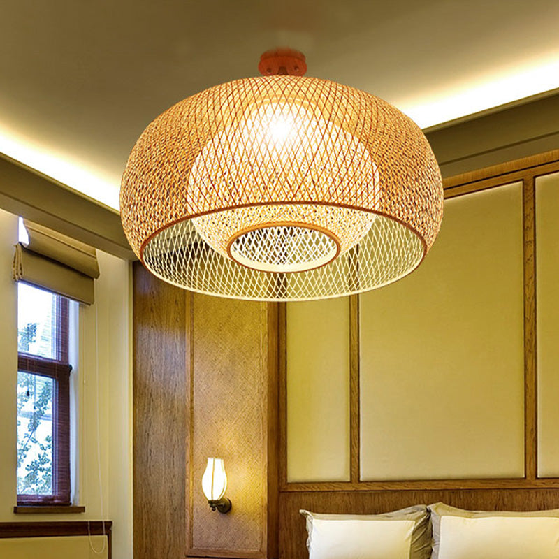 Japanese Hand Woven Semi-Flush Mount Bamboo 1 Head Close to Ceiling Lamp in Wood Clearhalo 'Ceiling Lights' 'Close To Ceiling Lights' 'Close to ceiling' 'Semi-flushmount' Lighting' 370073