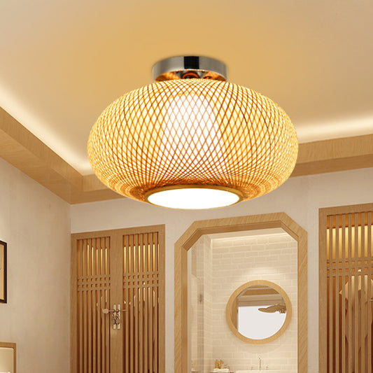 Flaxen Lantern Semi Flush Mount Chinese 1 Head Bamboo Ceiling Mounted Light for Dining Room Flaxen Clearhalo 'Ceiling Lights' 'Close To Ceiling Lights' 'Close to ceiling' 'Semi-flushmount' Lighting' 370076