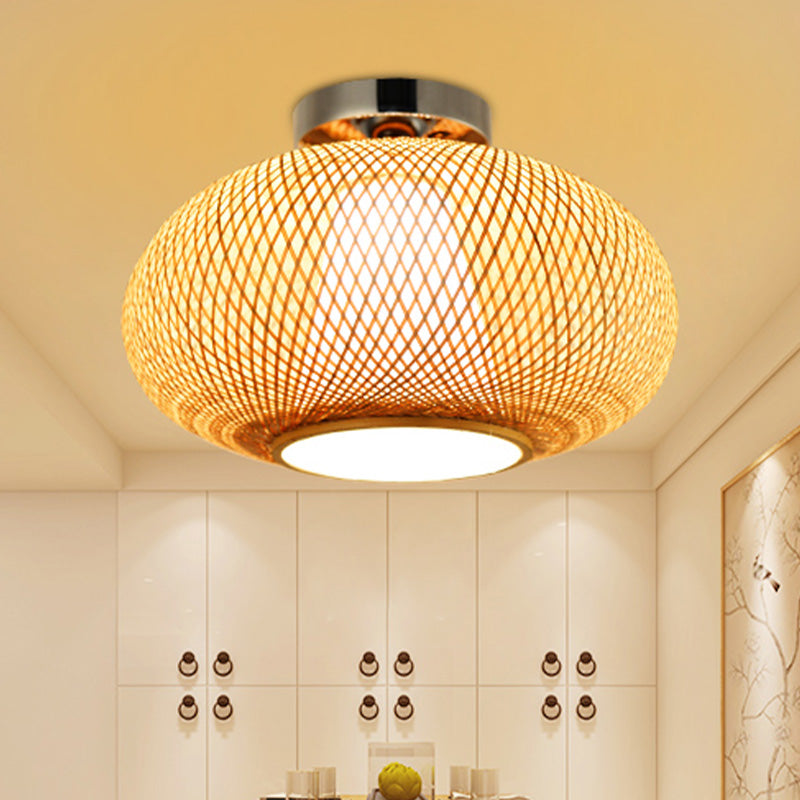 Flaxen Lantern Semi Flush Mount Chinese 1 Head Bamboo Ceiling Mounted Light for Dining Room Clearhalo 'Ceiling Lights' 'Close To Ceiling Lights' 'Close to ceiling' 'Semi-flushmount' Lighting' 370077