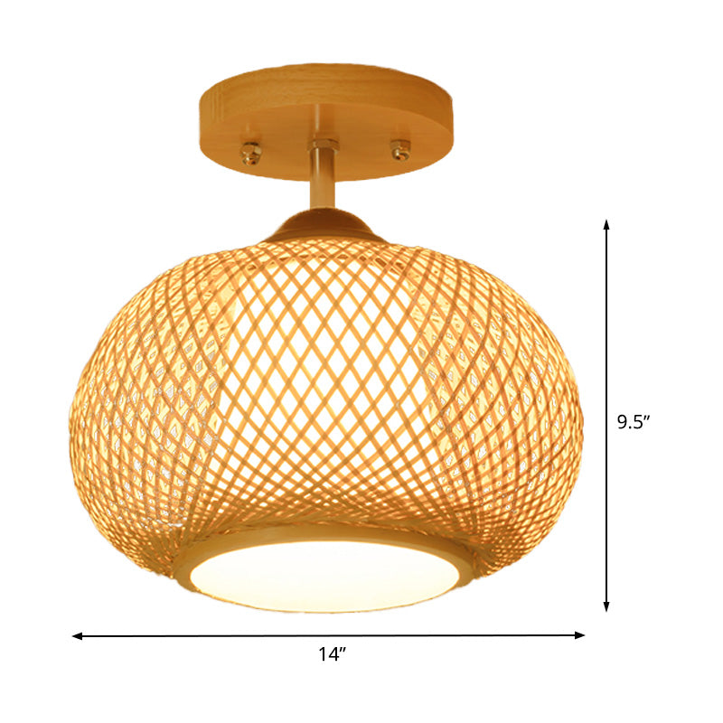 Pumpkin Semi-Flush Mount Japanese Bamboo 1 Head Flaxen Close to Ceiling Lighting, 14"/16" Wide Clearhalo 'Ceiling Lights' 'Close To Ceiling Lights' 'Close to ceiling' 'Semi-flushmount' Lighting' 370085