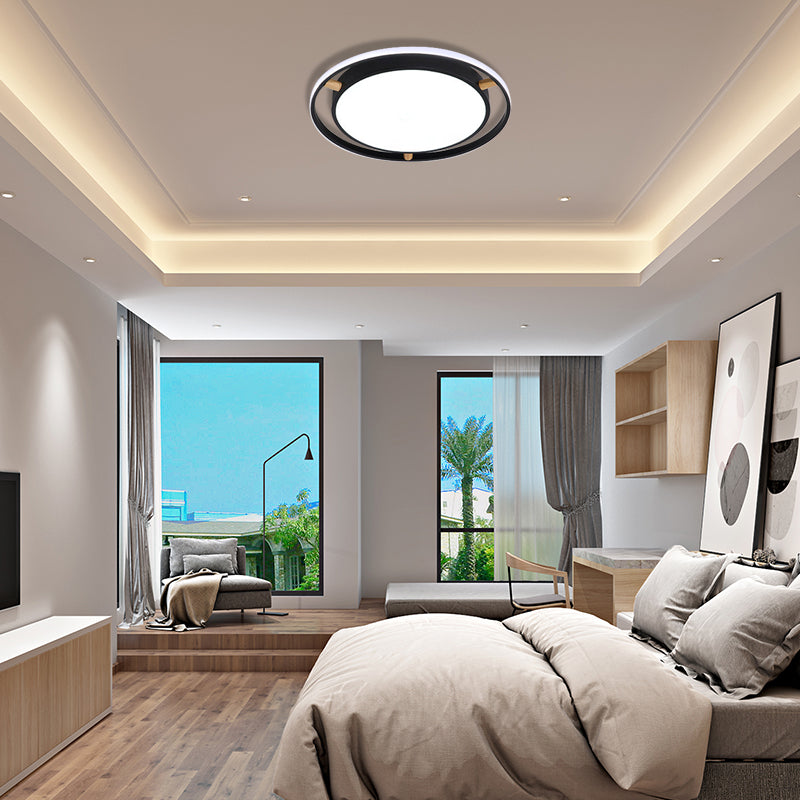 Nordic LED Ceiling Flush Light White/Green/Grey Dual Circle Thin Flushmount Lighting with Wood Arm, 16"/19.5"/23.5" W Black 16" Clearhalo 'Ceiling Lights' 'Close To Ceiling Lights' 'Close to ceiling' 'Flush mount' Lighting' 370092