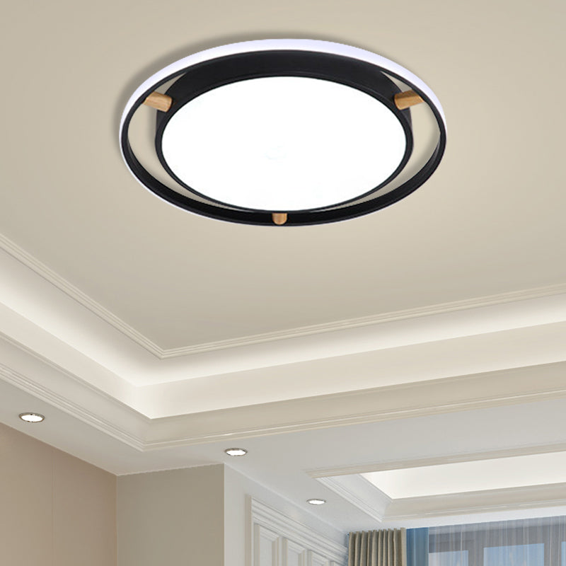 Nordic LED Ceiling Flush Light White/Green/Grey Dual Circle Thin Flushmount Lighting with Wood Arm, 16"/19.5"/23.5" W Black 19.5" Clearhalo 'Ceiling Lights' 'Close To Ceiling Lights' 'Close to ceiling' 'Flush mount' Lighting' 370096