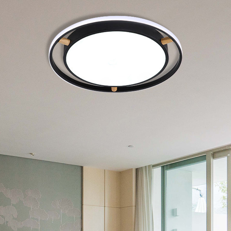 Nordic LED Ceiling Flush Light White/Green/Grey Dual Circle Thin Flushmount Lighting with Wood Arm, 16"/19.5"/23.5" W Black 23.5" Clearhalo 'Ceiling Lights' 'Close To Ceiling Lights' 'Close to ceiling' 'Flush mount' Lighting' 370099