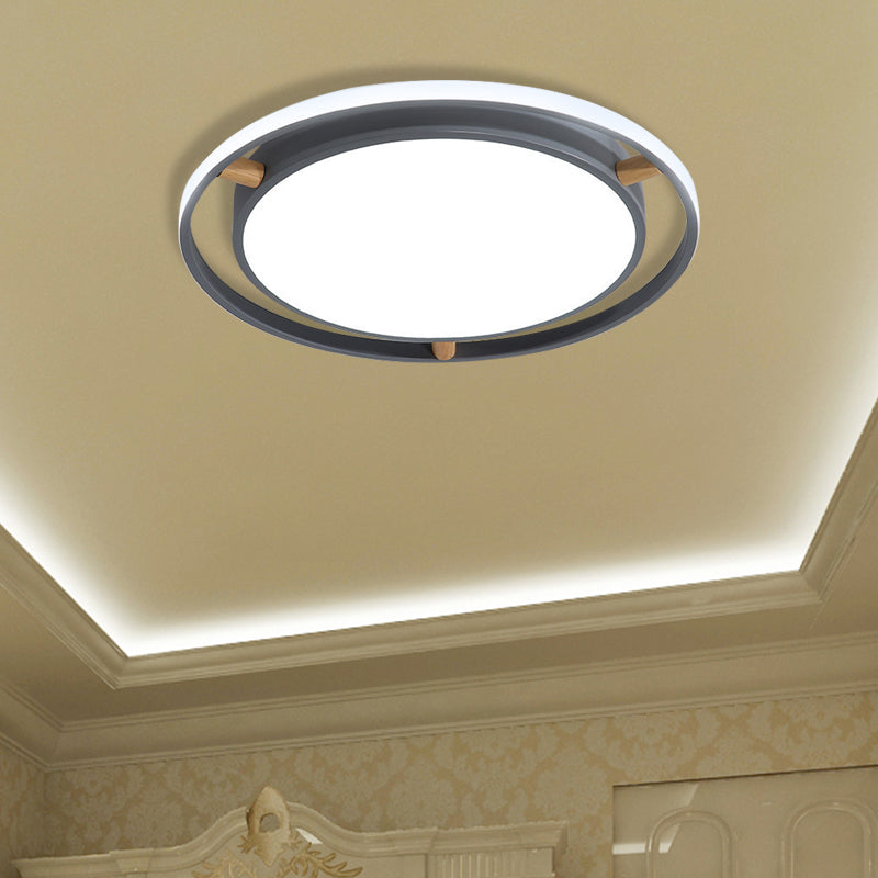 Nordic LED Ceiling Flush Light White/Green/Grey Dual Circle Thin Flushmount Lighting with Wood Arm, 16"/19.5"/23.5" W Grey 19.5" Clearhalo 'Ceiling Lights' 'Close To Ceiling Lights' 'Close to ceiling' 'Flush mount' Lighting' 370106