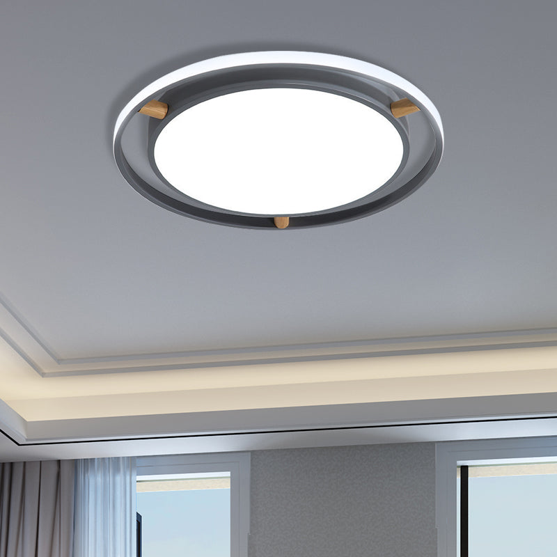 Nordic LED Ceiling Flush Light White/Green/Grey Dual Circle Thin Flushmount Lighting with Wood Arm, 16"/19.5"/23.5" W Grey 23.5" Clearhalo 'Ceiling Lights' 'Close To Ceiling Lights' 'Close to ceiling' 'Flush mount' Lighting' 370109