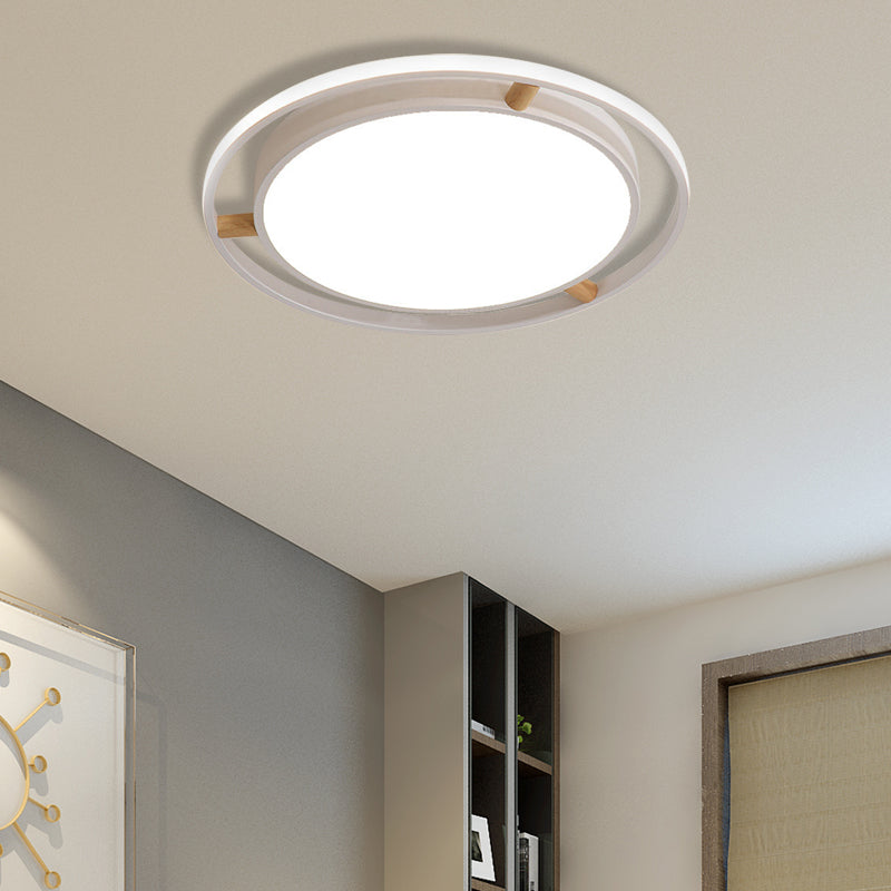 Nordic LED Ceiling Flush Light White/Green/Grey Dual Circle Thin Flushmount Lighting with Wood Arm, 16"/19.5"/23.5" W White 19.5" Clearhalo 'Ceiling Lights' 'Close To Ceiling Lights' 'Close to ceiling' 'Flush mount' Lighting' 370116