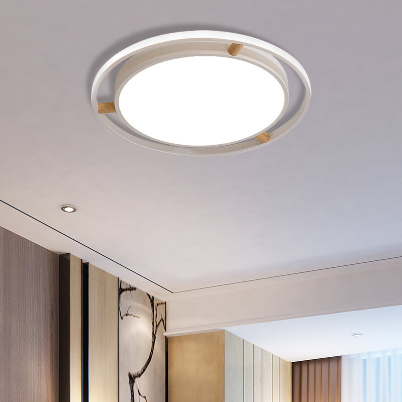 Nordic LED Ceiling Flush Light White/Green/Grey Dual Circle Thin Flushmount Lighting with Wood Arm, 16"/19.5"/23.5" W White 23.5" Clearhalo 'Ceiling Lights' 'Close To Ceiling Lights' 'Close to ceiling' 'Flush mount' Lighting' 370119