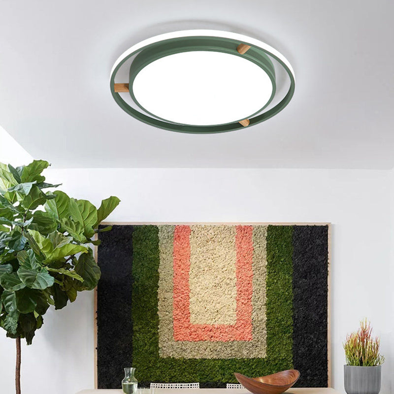 Nordic LED Ceiling Flush Light White/Green/Grey Dual Circle Thin Flushmount Lighting with Wood Arm, 16"/19.5"/23.5" W Green 16" Clearhalo 'Ceiling Lights' 'Close To Ceiling Lights' 'Close to ceiling' 'Flush mount' Lighting' 370122