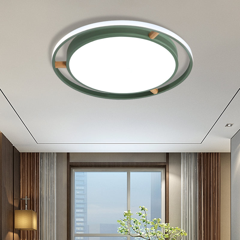 Nordic LED Ceiling Flush Light White/Green/Grey Dual Circle Thin Flushmount Lighting with Wood Arm, 16"/19.5"/23.5" W Green 19.5" Clearhalo 'Ceiling Lights' 'Close To Ceiling Lights' 'Close to ceiling' 'Flush mount' Lighting' 370126