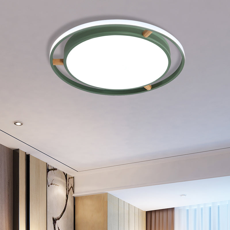 Nordic LED Ceiling Flush Light White/Green/Grey Dual Circle Thin Flushmount Lighting with Wood Arm, 16"/19.5"/23.5" W Green 23.5" Clearhalo 'Ceiling Lights' 'Close To Ceiling Lights' 'Close to ceiling' 'Flush mount' Lighting' 370129