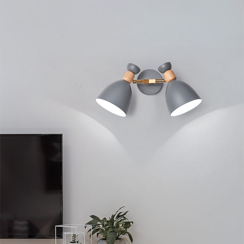 Double Shade Metallic Wall Sconce Lighting Nordic 2 Bulbs Gray/Green Wall Mounted Lamp for Living Room Grey A Clearhalo 'Cast Iron' 'Glass' 'Industrial' 'Modern wall lights' 'Modern' 'Tiffany' 'Traditional wall lights' 'Vanity Lights' 'Wall Lights' Lighting' 370322