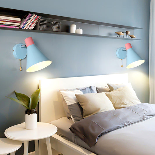 Cone Shade Sconce Light Nordic Metallic 1 Head Blue Wall Light for Bedroom, 6" W Blue Clearhalo 'Cast Iron' 'Glass' 'Industrial' 'Modern wall lights' 'Modern' 'Tiffany' 'Traditional wall lights' 'Vanity Lights' 'Wall Lights' Lighting' 370358