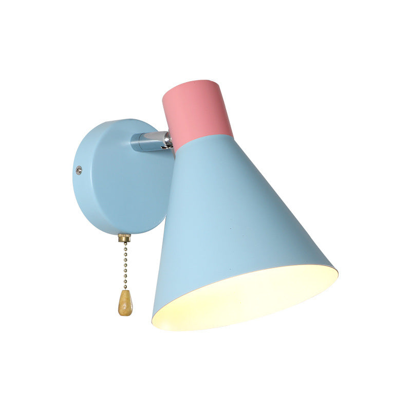 Cone Shade Sconce Light Nordic Metallic 1 Head Blue Wall Light for Bedroom, 6" W Clearhalo 'Cast Iron' 'Glass' 'Industrial' 'Modern wall lights' 'Modern' 'Tiffany' 'Traditional wall lights' 'Vanity Lights' 'Wall Lights' Lighting' 370360