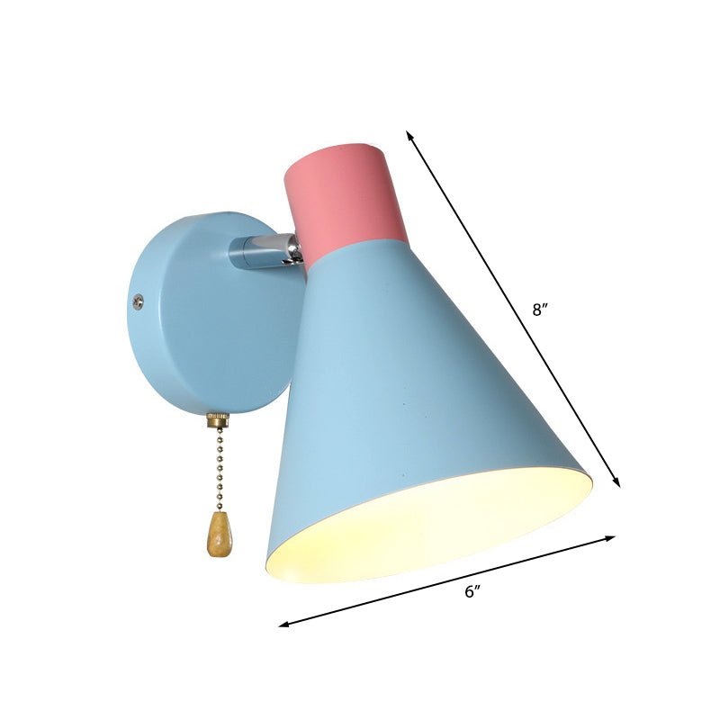 Cone Shade Sconce Light Nordic Metallic 1 Head Blue Wall Light for Bedroom, 6" W Clearhalo 'Cast Iron' 'Glass' 'Industrial' 'Modern wall lights' 'Modern' 'Tiffany' 'Traditional wall lights' 'Vanity Lights' 'Wall Lights' Lighting' 370361