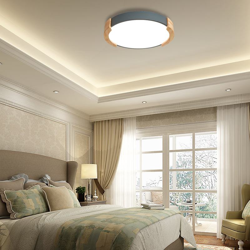 Iron Thin Round Flush Light Nordic Grey/White/Green Ceiling Mounted Fixture with Wood Side Guard for Bedroom Grey Clearhalo 'Ceiling Lights' 'Close To Ceiling Lights' 'Close to ceiling' 'Flush mount' Lighting' 370526