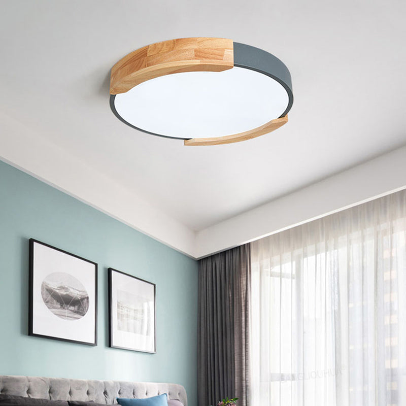 Iron Thin Round Flush Light Nordic Grey/White/Green Ceiling Mounted Fixture with Wood Side Guard for Bedroom Clearhalo 'Ceiling Lights' 'Close To Ceiling Lights' 'Close to ceiling' 'Flush mount' Lighting' 370527