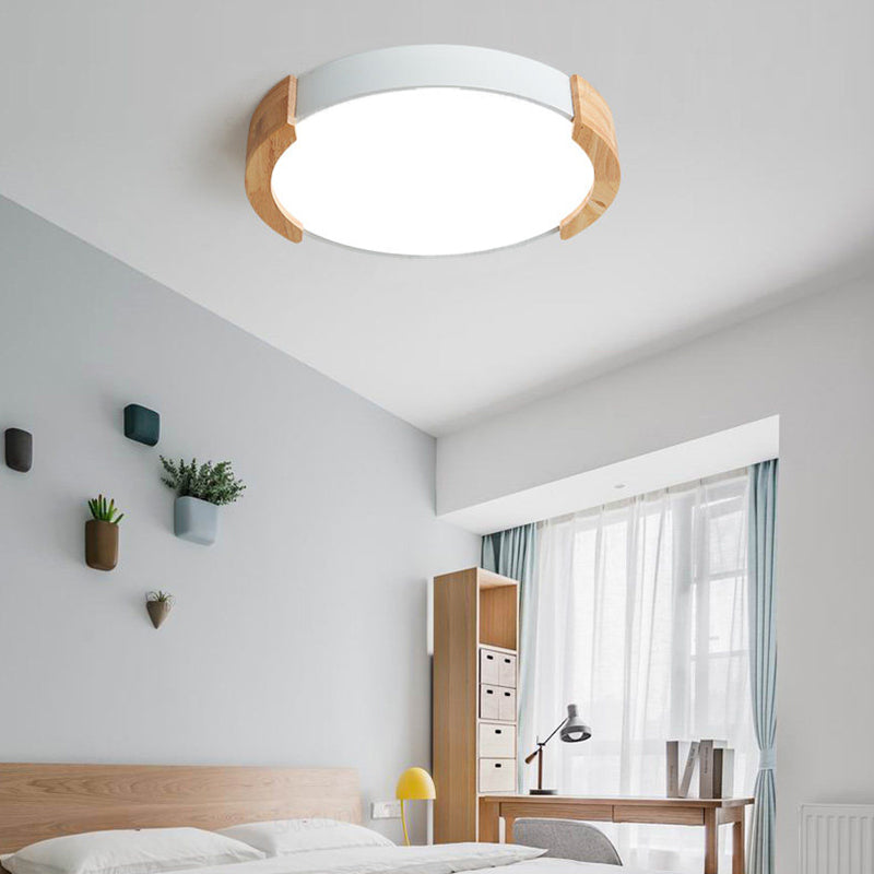 Iron Thin Round Flush Light Nordic Grey/White/Green Ceiling Mounted Fixture with Wood Side Guard for Bedroom White Clearhalo 'Ceiling Lights' 'Close To Ceiling Lights' 'Close to ceiling' 'Flush mount' Lighting' 370530