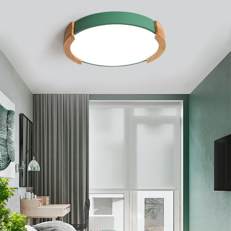 Iron Thin Round Flush Light Nordic Grey/White/Green Ceiling Mounted Fixture with Wood Side Guard for Bedroom Green Clearhalo 'Ceiling Lights' 'Close To Ceiling Lights' 'Close to ceiling' 'Flush mount' Lighting' 370533